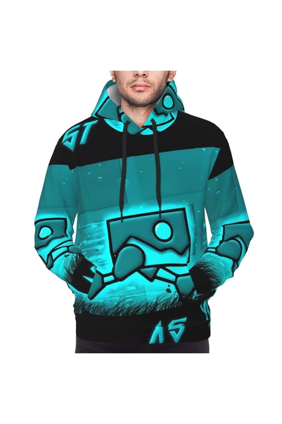 Geometry Dash Men's Graphic Print Long Sleeve Drawstring Hoodie Pullover Sweatshirt-Medium