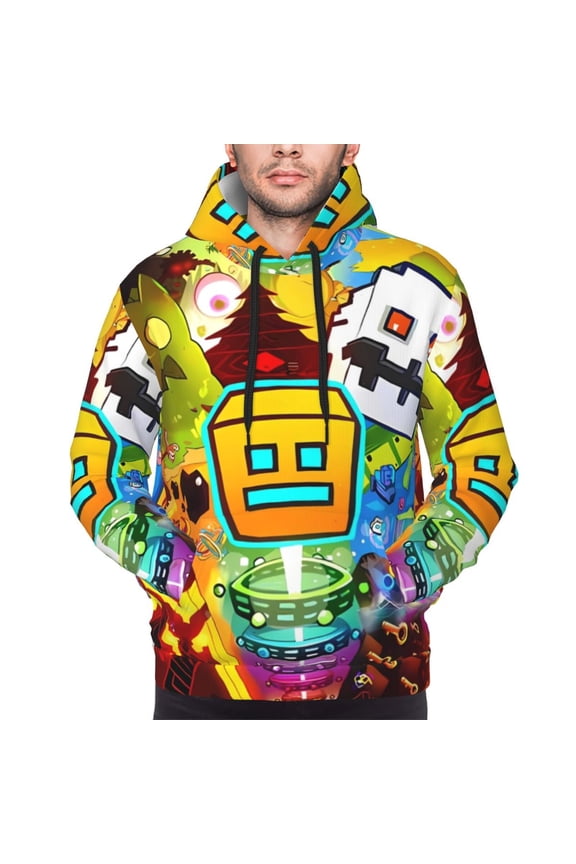 Geometry Dash Men's Graphic Print Long Sleeve Drawstring Hoodie Pullover Sweatshirt-Small
