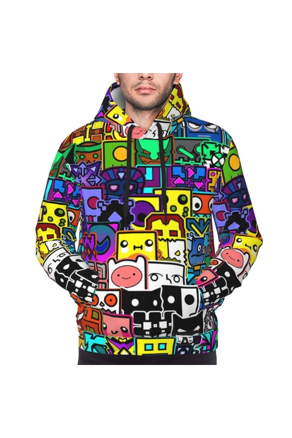 Geometry Dash Men's Graphic Print Long Sleeve Drawstring Hoodie Pullover Sweatshirt-Small