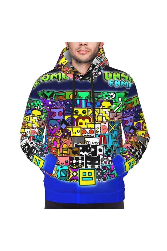 Geometry Dash Men's Graphic Print Long Sleeve Drawstring Hoodie Pullover Sweatshirt-Small