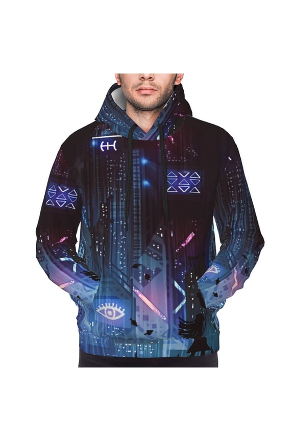 Geometry Dash Men's Graphic Print Long Sleeve Drawstring Hoodie Pullover Sweatshirt-Small