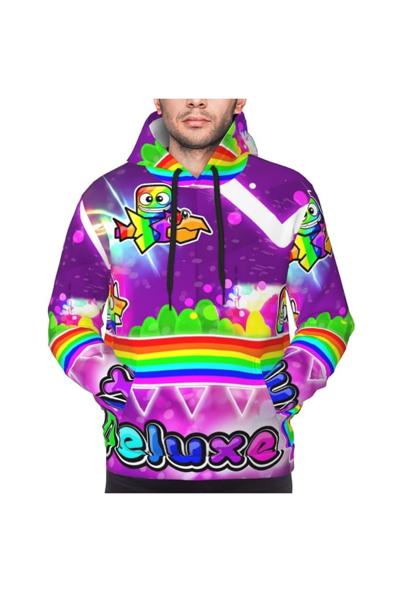 Geometry Dash Men's Graphic Print Long Sleeve Drawstring Hoodie Pullover Sweatshirt-Small