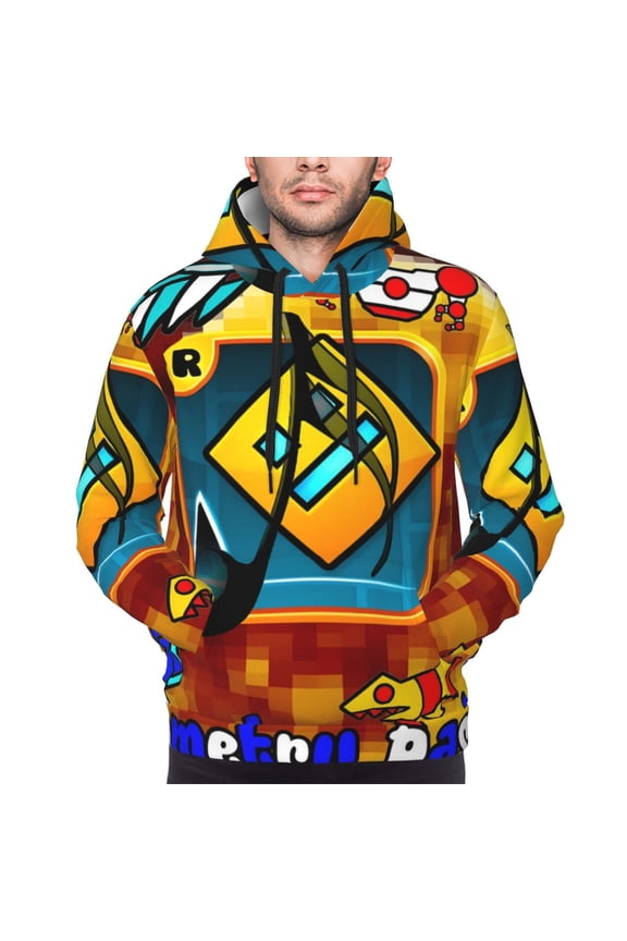 Geometry Dash Men's Graphic Print Long Sleeve Drawstring Hoodie Pullover Sweatshirt-Small