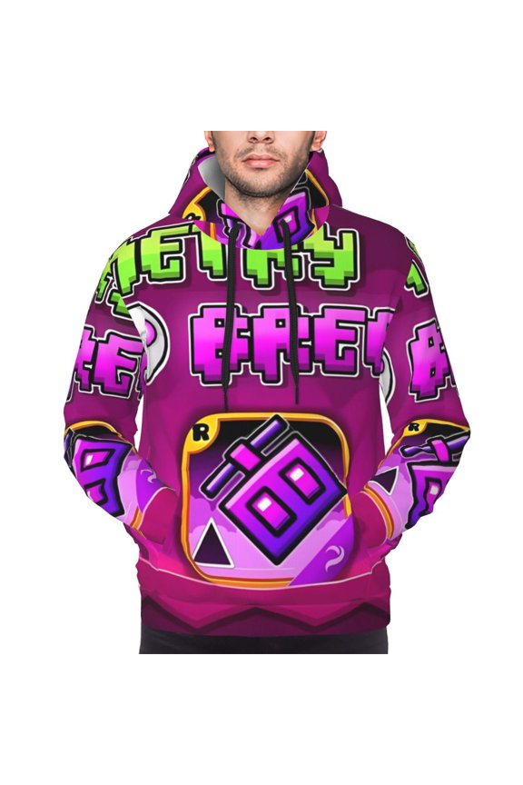 Geometry Dash Men's Graphic Print Long Sleeve Drawstring Hoodie Pullover Sweatshirt-Small