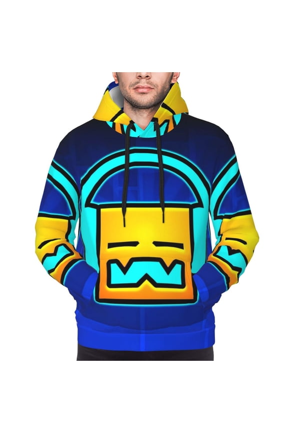 Geometry Dash Men's Graphic Print Long Sleeve Drawstring Hoodie Pullover Sweatshirt-X-Large