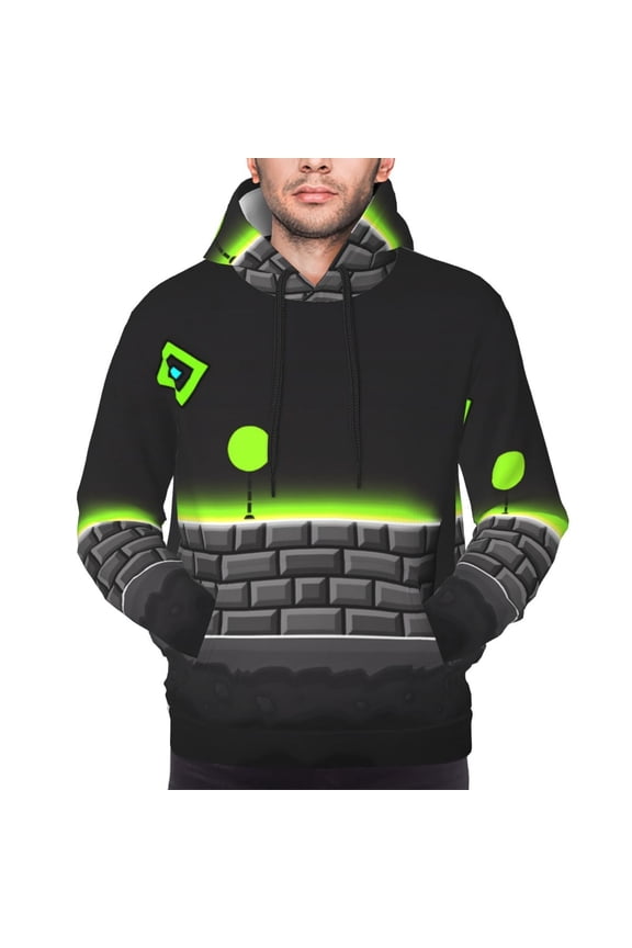 Geometry Dash Men's Graphic Print Long Sleeve Drawstring Hoodie Pullover Sweatshirt-X-Large