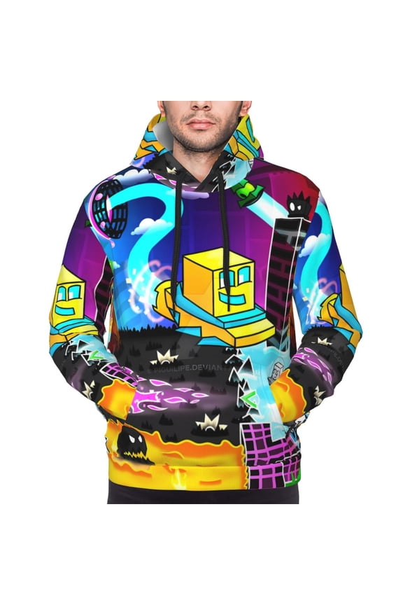 Geometry Dash Men's Graphic Print Long Sleeve Drawstring Hoodie Pullover Sweatshirt-X-Large