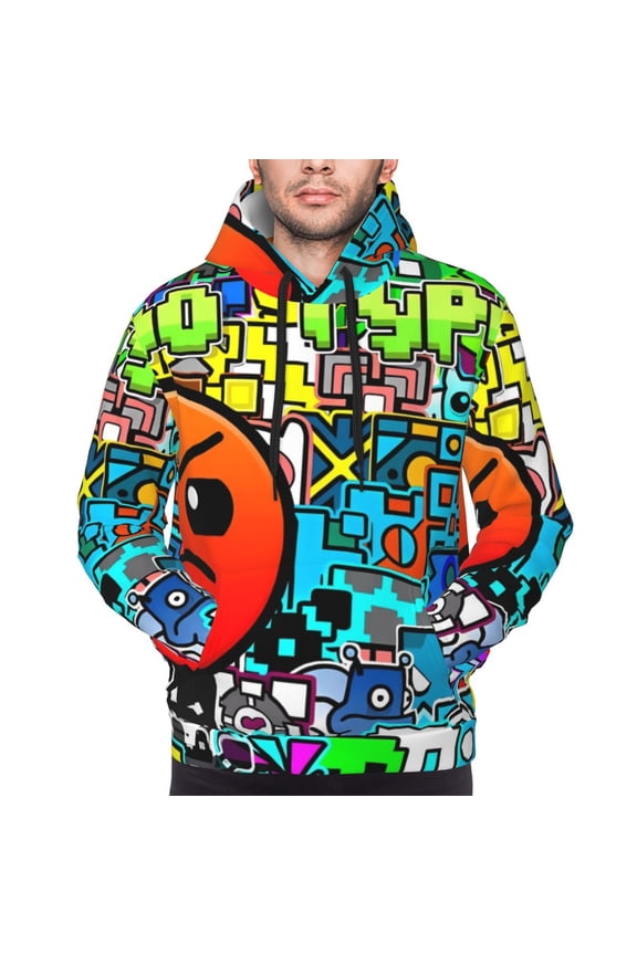 Geometry Dash Men's Graphic Print Long Sleeve Drawstring Hoodie Pullover Sweatshirt-XX-Large