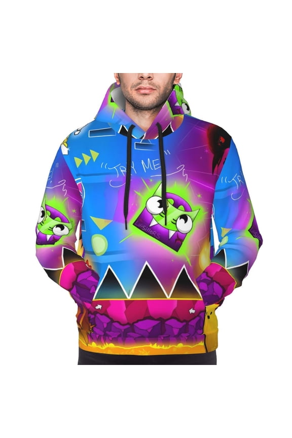 Geometry Dash Men's Graphic Print Long Sleeve Drawstring Hoodie Pullover Sweatshirt-XX-Large