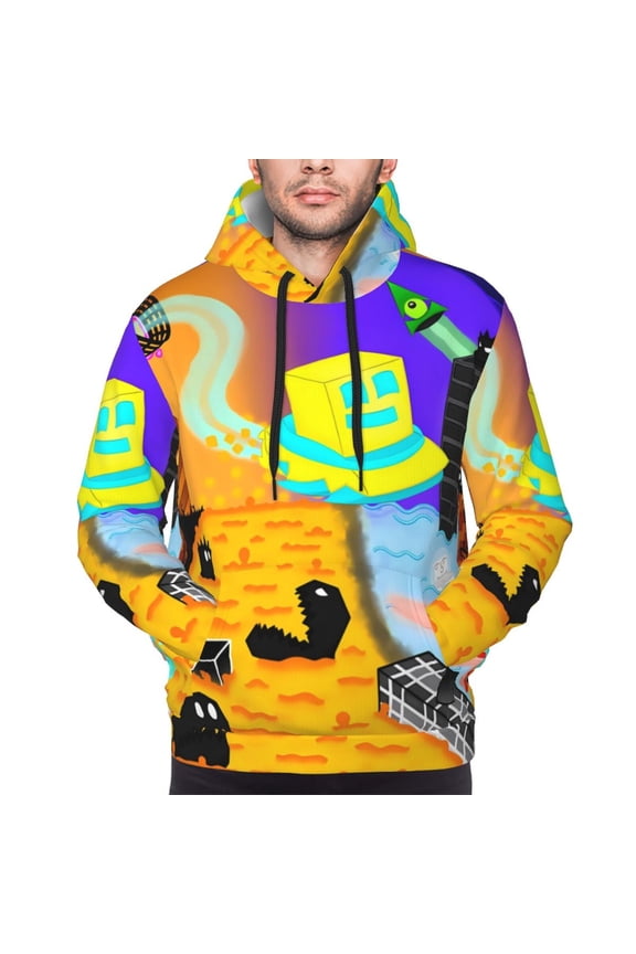 Geometry Dash Men's Graphic Print Long Sleeve Drawstring Hoodie Pullover Sweatshirt-XX-Large