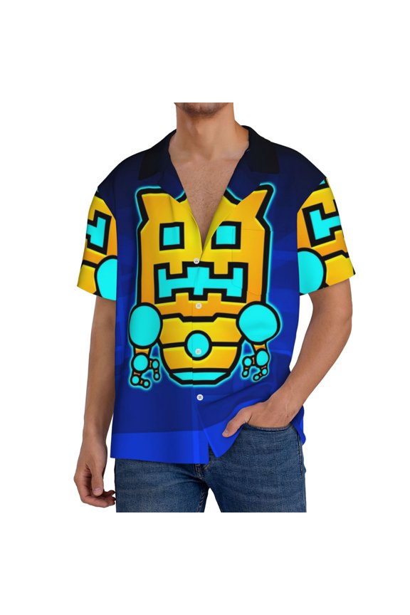 Geometry Dash Mens Front Pocket Hawaiian Shirts Casual Floral Shirts Short Sleeve Button Down Beach Tropical Shirts