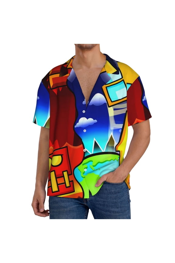 Geometry Dash Mens Front Pocket Hawaiian Shirts Casual Floral Shirts Short Sleeve Button Down Beach Tropical Shirts