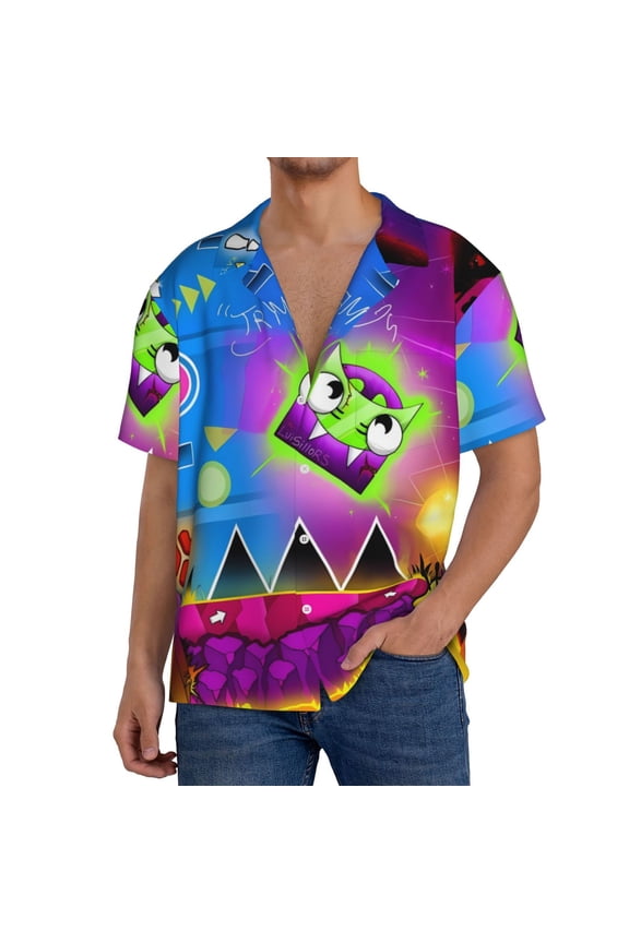 Geometry Dash Mens Front Pocket Hawaiian Shirts Casual Floral Shirts Short Sleeve Button Down Beach Tropical Shirts