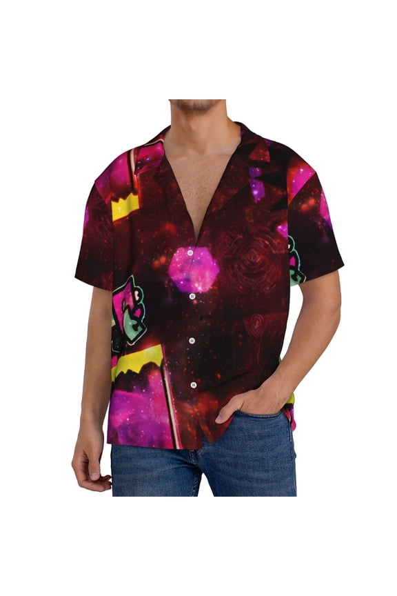 Geometry Dash Mens Front Pocket Hawaiian Shirts Casual Floral Shirts Short Sleeve Button Down Beach Tropical Shirts
