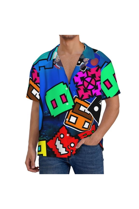 Geometry Dash Mens Front Pocket Hawaiian Shirts Casual Floral Shirts Short Sleeve Button Down Beach Tropical Shirts