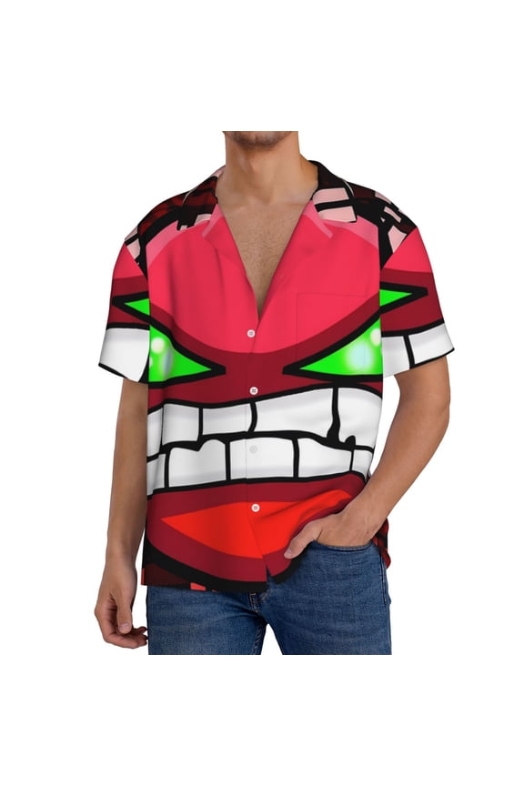 Geometry Dash Mens Front Pocket Hawaiian Shirts Casual Floral Shirts Short Sleeve Button Down Beach Tropical Shirts