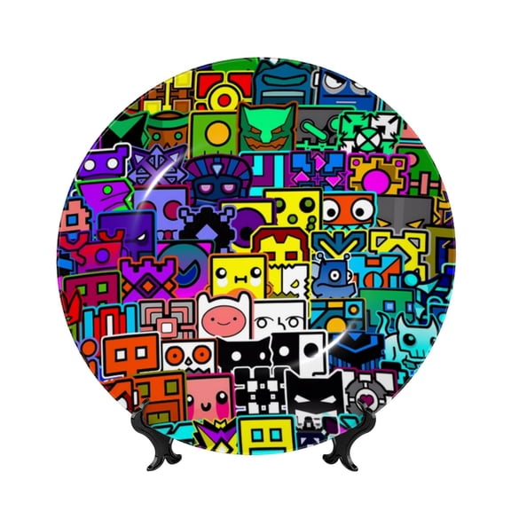 Saiise Geometry Dash Print Bone China Decorative Plate Ceramic Decorative Plates with Display Stand Handmade Ceramic Wall Art Decor for Home Kitchen Bedroom Decorative-6in