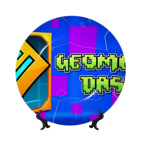 Saiise Geometry Dash Print Bone China Decorative Plate Ceramic Decorative Plates with Display Stand Handmade Ceramic Wall Art Decor for Home Kitchen Bedroom Decorative-10in