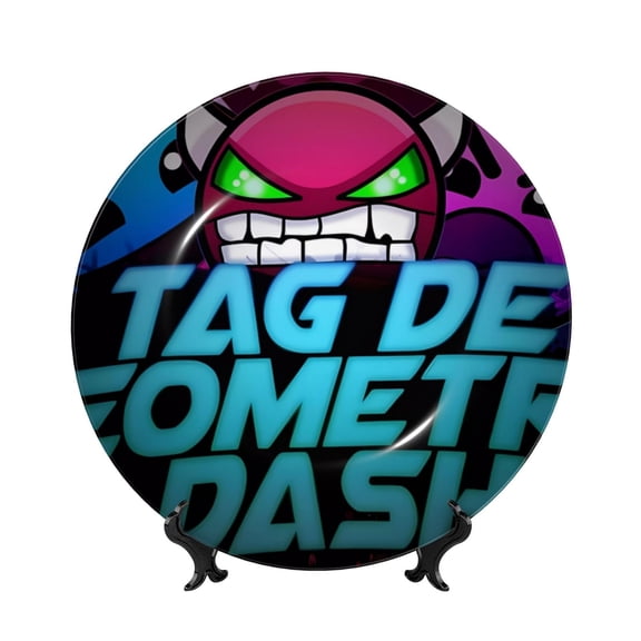 Saiise Geometry Dash Print Bone China Decorative Plate Ceramic Decorative Plates with Display Stand Handmade Ceramic Wall Art Decor for Home Kitchen Bedroom Decorative-6in