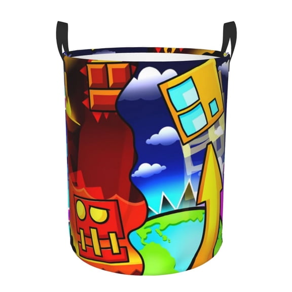 Saiise Geometry Dash Print Laundry Basket Circular Laundry Hamper with Handles Waterproof Dirty Clothes Storage Basket for Bedroom Bathroom Dorm Living Room-Medium