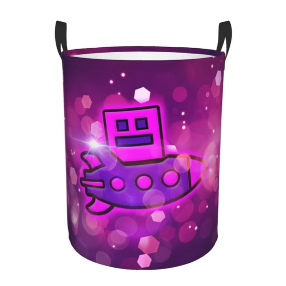 Saiise Geometry Dash Print Laundry Basket Circular Laundry Hamper with Handles Waterproof Dirty Clothes Storage Basket for Bedroom Bathroom Dorm Living Room-Medium