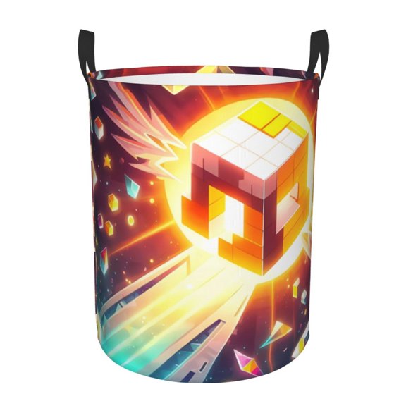 Saiise Geometry Dash Print Laundry Basket Circular Laundry Hamper with Handles Waterproof Dirty Clothes Storage Basket for Bedroom Bathroom Dorm Living Room-Medium