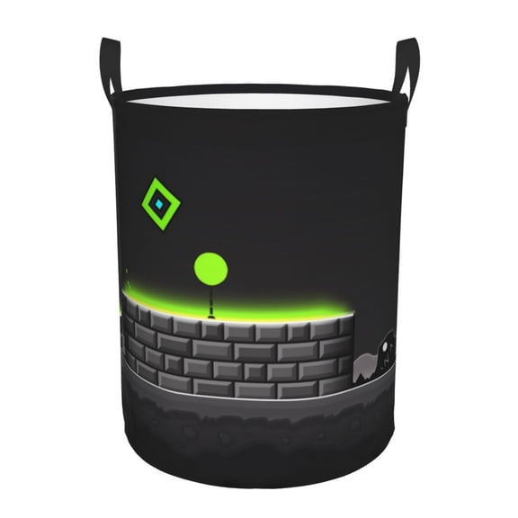 Saiise Geometry Dash Print Laundry Basket Circular Laundry Hamper with Handles Waterproof Dirty Clothes Storage Basket for Bedroom Bathroom Dorm Living Room-Medium