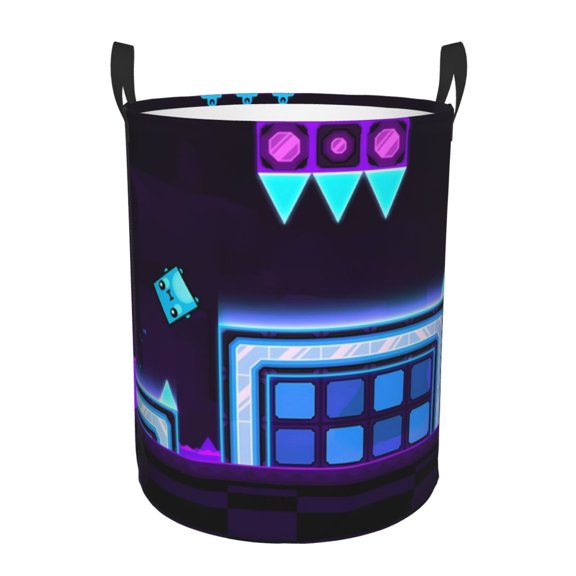 Saiise Geometry Dash Print Laundry Basket Circular Laundry Hamper with Handles Waterproof Dirty Clothes Storage Basket for Bedroom Bathroom Dorm Living Room-Medium