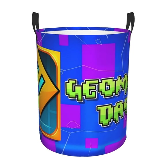 Saiise Geometry Dash Print Laundry Basket Circular Laundry Hamper with Handles Waterproof Dirty Clothes Storage Basket for Bedroom Bathroom Dorm Living Room-Medium