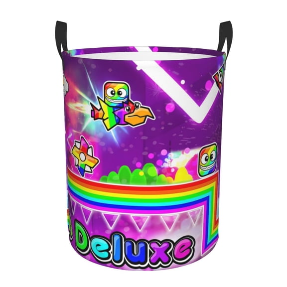 Saiise Geometry Dash Print Laundry Basket Circular Laundry Hamper with Handles Waterproof Dirty Clothes Storage Basket for Bedroom Bathroom Dorm Living Room-Medium