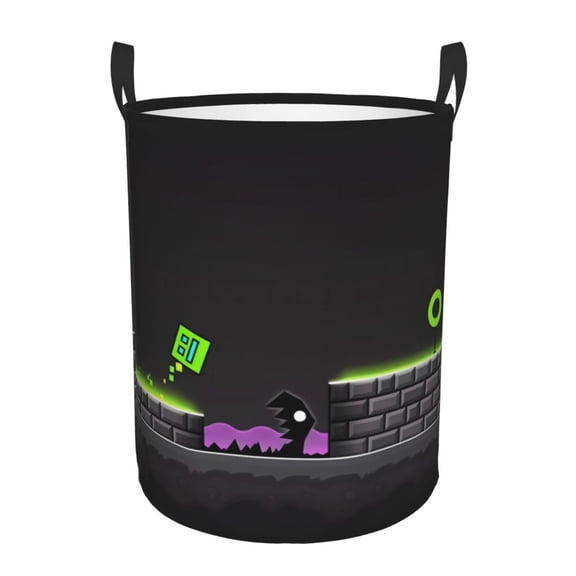 Saiise Geometry Dash Print Laundry Basket Circular Laundry Hamper with Handles Waterproof Dirty Clothes Storage Basket for Bedroom Bathroom Dorm Living Room-Small