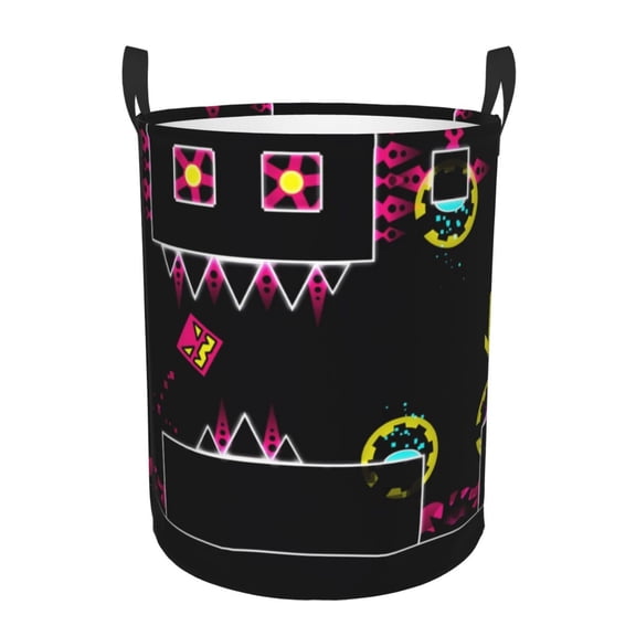 Saiise Geometry Dash Print Laundry Basket Circular Laundry Hamper with Handles Waterproof Dirty Clothes Storage Basket for Bedroom Bathroom Dorm Living Room-Small