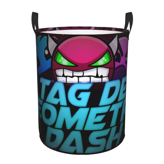 Saiise Geometry Dash Print Laundry Basket Circular Laundry Hamper with Handles Waterproof Dirty Clothes Storage Basket for Bedroom Bathroom Dorm Living Room-Small