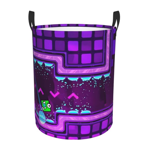 Saiise Geometry Dash Print Laundry Basket Circular Laundry Hamper with Handles Waterproof Dirty Clothes Storage Basket for Bedroom Bathroom Dorm Living Room-