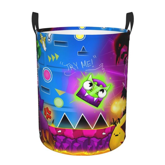 Saiise Geometry Dash Print Laundry Basket Circular Laundry Hamper with Handles Waterproof Dirty Clothes Storage Basket for Bedroom Bathroom Dorm Living Room-