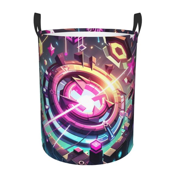 Saiise Geometry Dash Print Laundry Basket Circular Laundry Hamper with Handles Waterproof Dirty Clothes Storage Basket for Bedroom Bathroom Dorm Living Room-