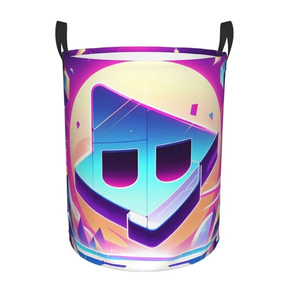 Saiise Geometry Dash Print Laundry Basket Circular Laundry Hamper with Handles Waterproof Dirty Clothes Storage Basket for Bedroom Bathroom Dorm Living Room-Small