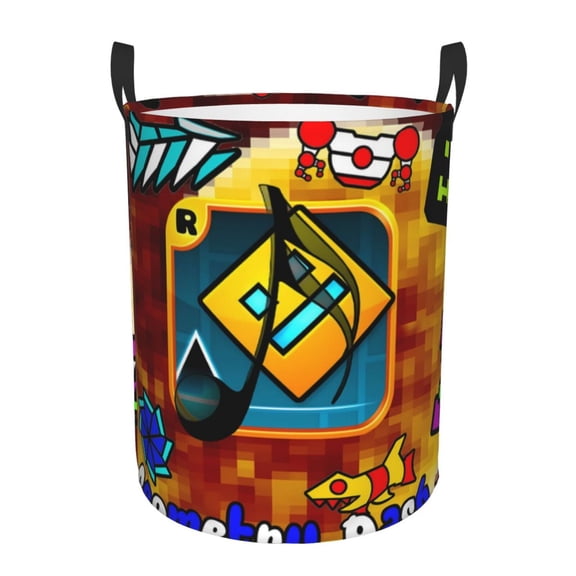 Saiise Geometry Dash Print Laundry Basket Circular Laundry Hamper with Handles Waterproof Dirty Clothes Storage Basket for Bedroom Bathroom Dorm Living Room-Small