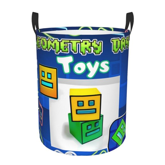 Saiise Geometry Dash Print Laundry Basket Circular Laundry Hamper with Handles Waterproof Dirty Clothes Storage Basket for Bedroom Bathroom Dorm Living Room-Small