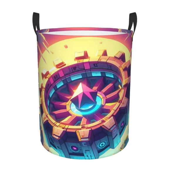 Saiise Geometry Dash Print Laundry Basket Circular Laundry Hamper with Handles Waterproof Dirty Clothes Storage Basket for Bedroom Bathroom Dorm Living Room-Small