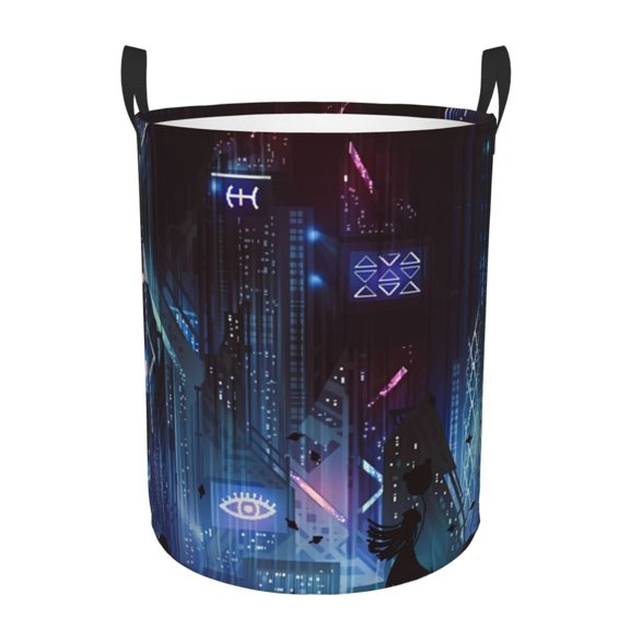 Saiise Geometry Dash Print Laundry Basket Circular Laundry Hamper with Handles Waterproof Dirty Clothes Storage Basket for Bedroom Bathroom Dorm Living Room-Small