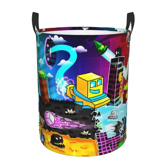 Saiise Geometry Dash Print Laundry Basket Circular Laundry Hamper with Handles Waterproof Dirty Clothes Storage Basket for Bedroom Bathroom Dorm Living Room-Medium