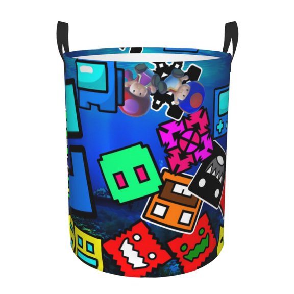 Saiise Geometry Dash Print Laundry Basket Circular Laundry Hamper with Handles Waterproof Dirty Clothes Storage Basket for Bedroom Bathroom Dorm Living Room-Small