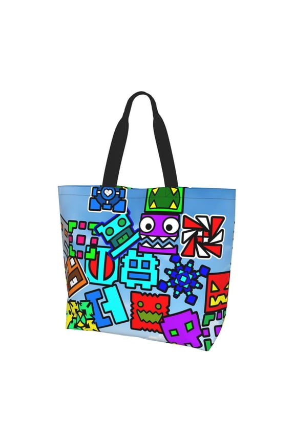 Geometry Dash Print Tote Bags for Women Travel Reusable Grocery Shopping Shoulder Handbag Go-to Everyday Bag for Work