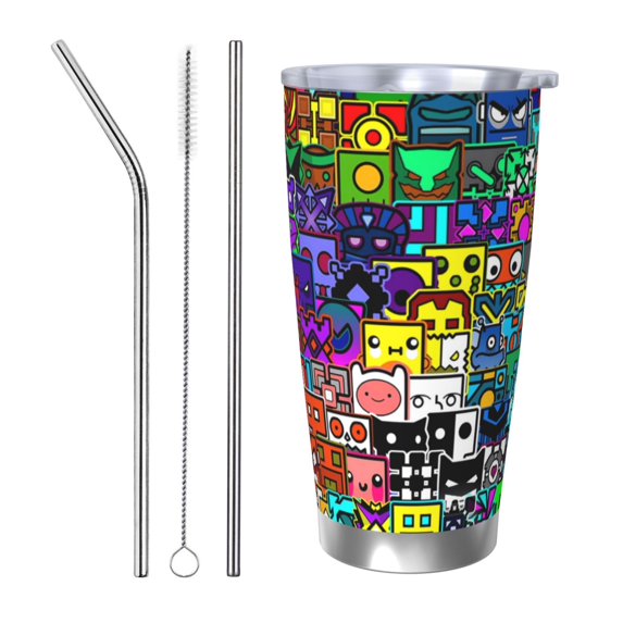 Saiise Geometry Dash Print Tumbler 20 Oz Stainless Steel Vacuum Insulated with Straw Coffee Cup for Home,Office,Outdoor Works Great for Ice Drinks and Hot Beverage