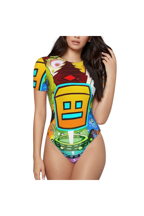 Geometry Dash Women's Bodysuits Crew Neck Round Neck Short Sleeves Slim Fit Casual Basic Extender Bodysuit Daily Jumpsuit T Shirts