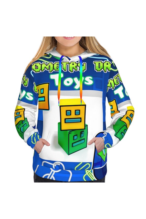 Geometry Dash Women's Hoodies Long Sleeve Sweatshirts Drawstring Pullover Tops with Pocket Casual Loose-Large