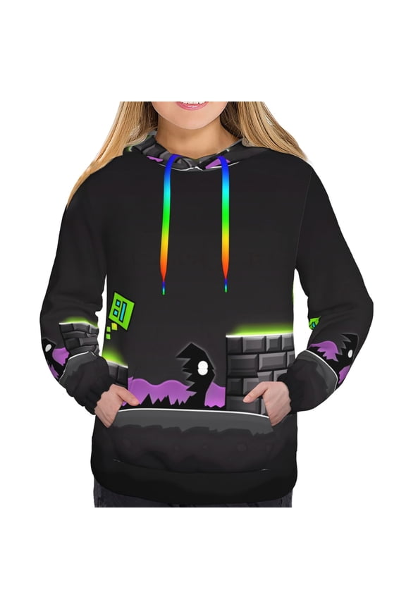 Geometry Dash Women's Hoodies Long Sleeve Sweatshirts Drawstring Pullover Tops with Pocket Casual Loose-X-Large