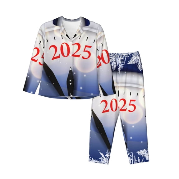 Saiise Gold Glitter Shining In Light With 2025 Print Women Soft Pajama Sets,Long Sleeve Sleepwear Button Up 2-Piece Pjs Lounge Sets-XX-Large