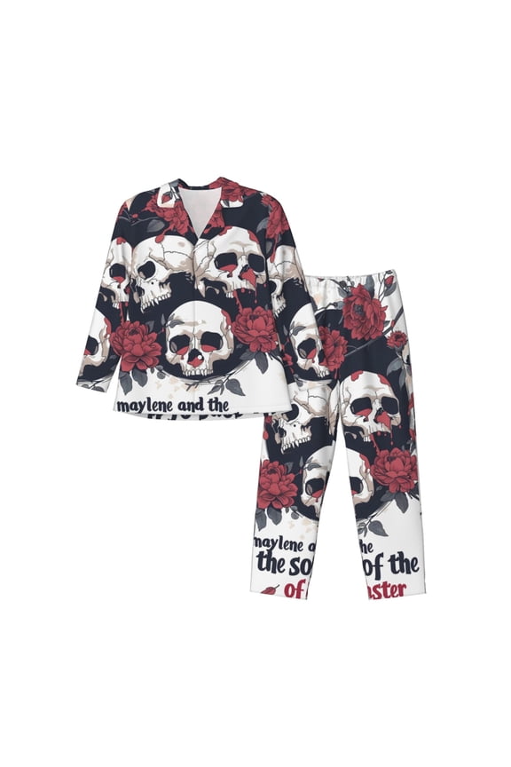 Gothic Skulls And Roses Men's Sleepwear Set Lapel Neck Button Down Long Sleeve Top and Pants 2 Piece Pajama Set-X-Large